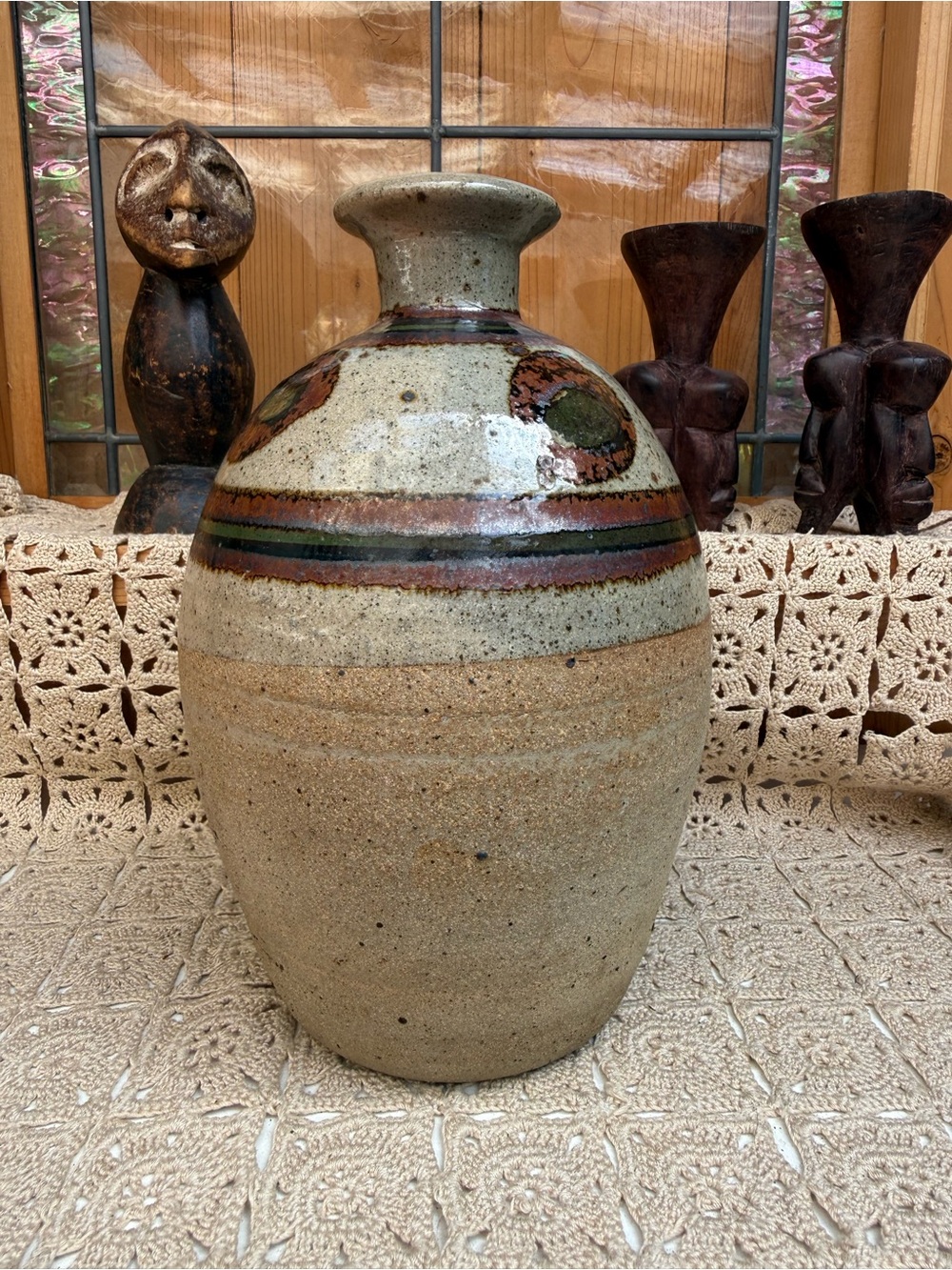 Vintage Mid Century Studio Pottery Vase – Earthy Bullseye & Ring Motif 9”